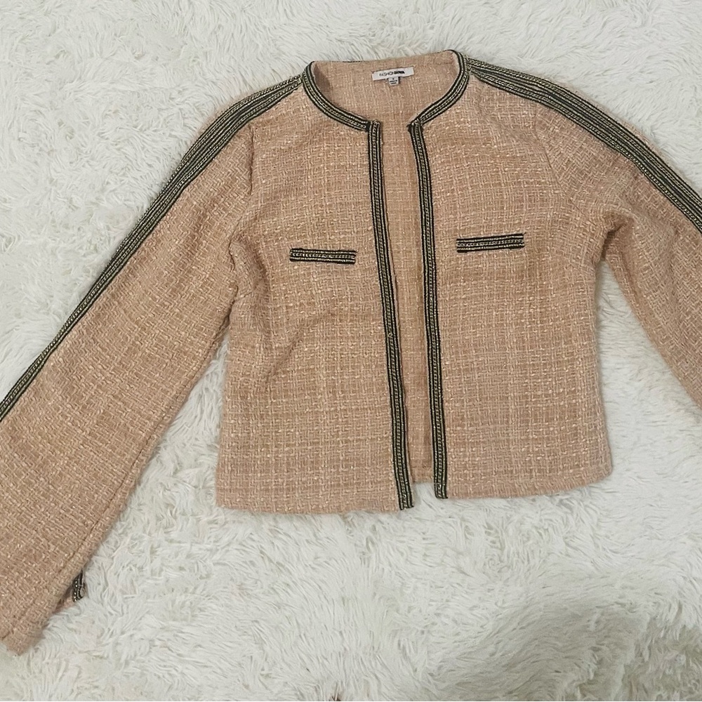 Fashion Nova Beige Tweed Blazer with Black Trim